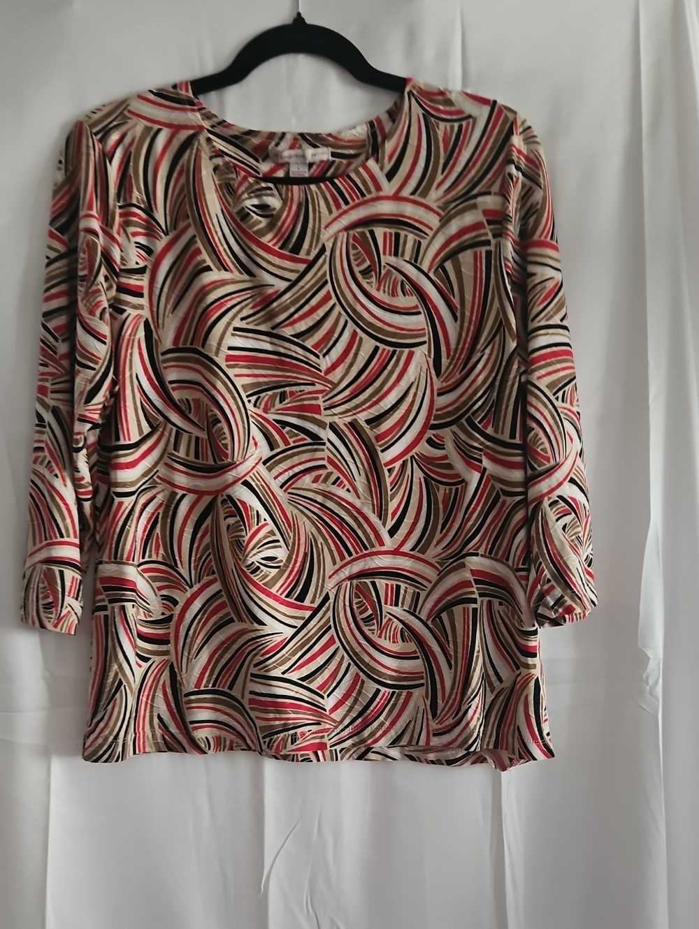 JM Collection Long-Sleeve Swirl Print Tee in Red, Black & Cream